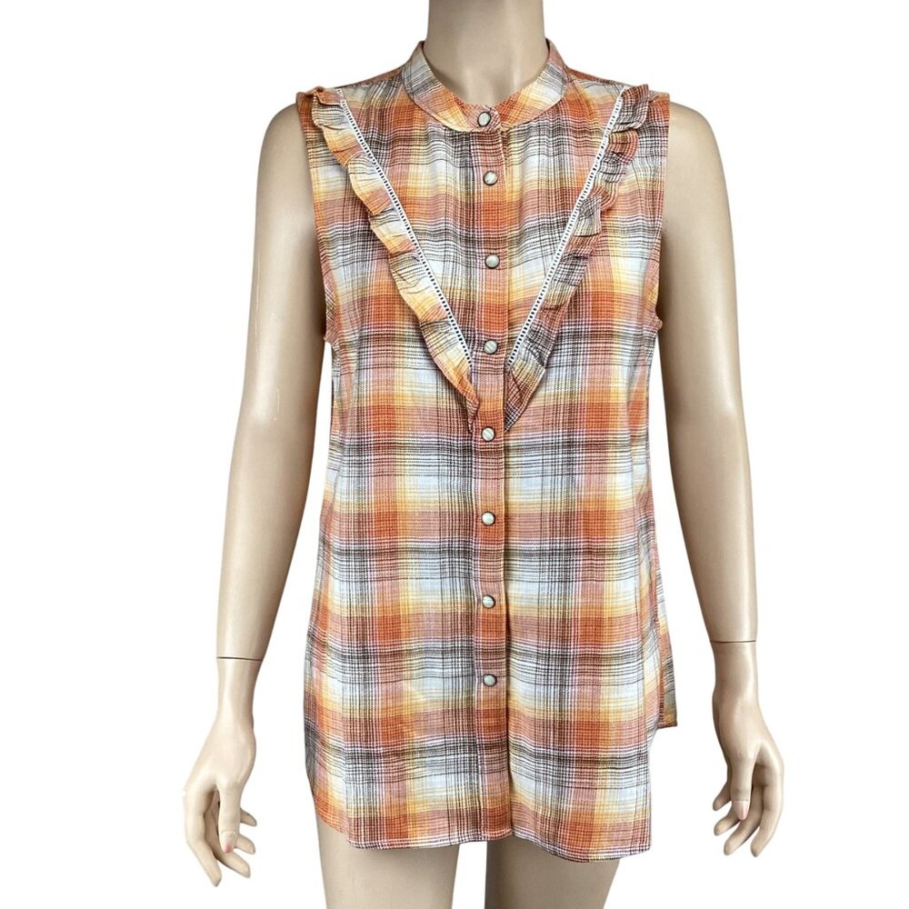 Lands End Blake Shelton Top Size Small NWT Sleeveless Plaid Orange White Ruffles
